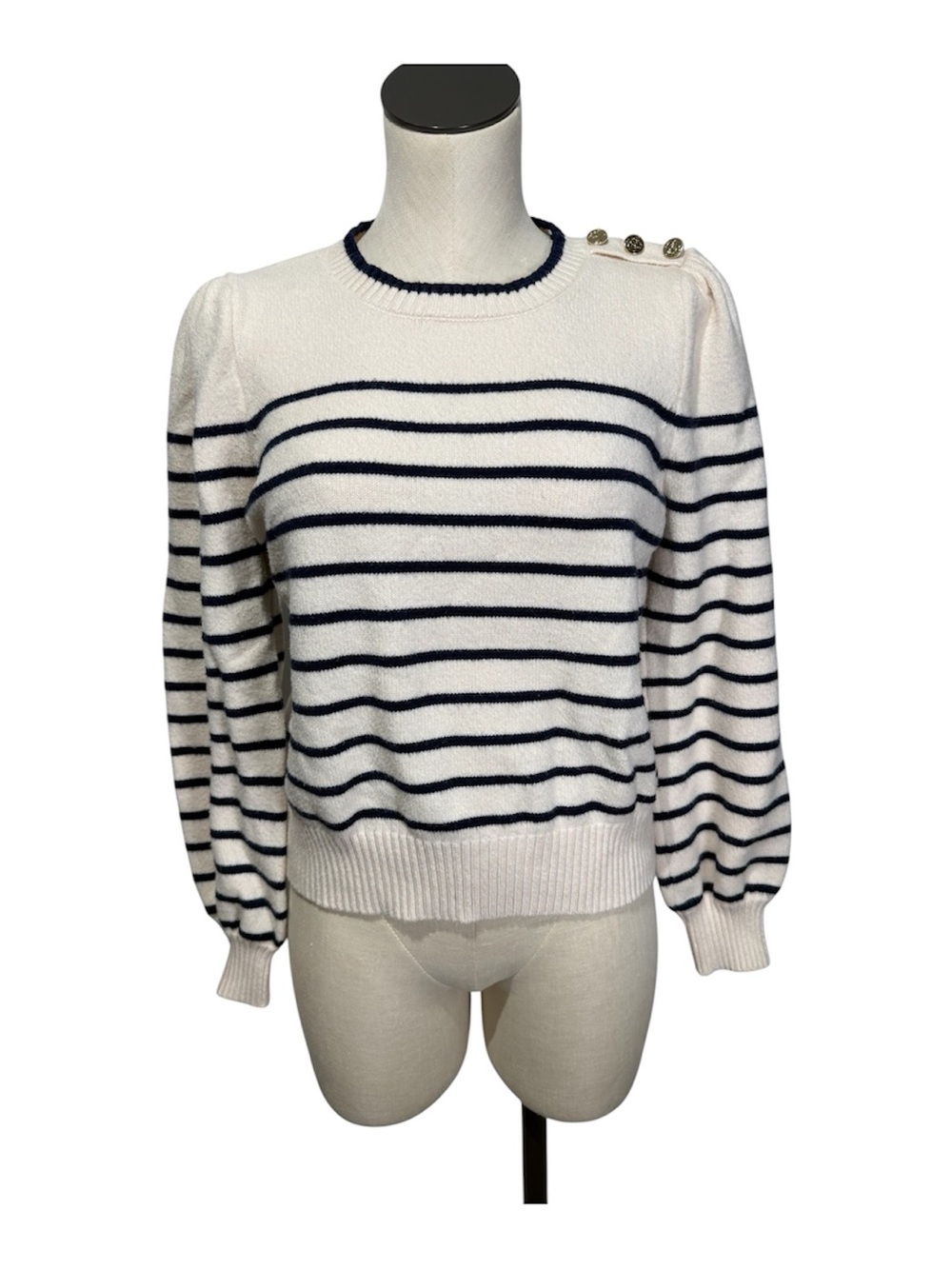 Draper James White Crewneck Sweater with Navy Stripes and Button Shoulder